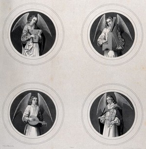 view Angel musicians playing for Saint Ursula. Lithograph by L.J. Ghémar and E. Manche after H. Memlinc.