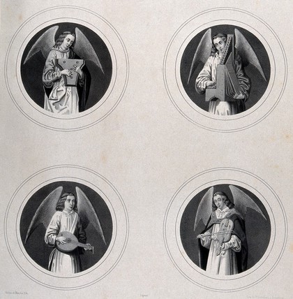 Angel musicians playing for Saint Ursula. Lithograph by L.J. Ghémar and E. Manche after H. Memlinc.