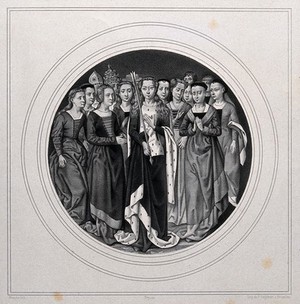 view Saint Ursula, holding an arrow, with some of her followers. Lithograph by E. Manche after H. Memlinc.