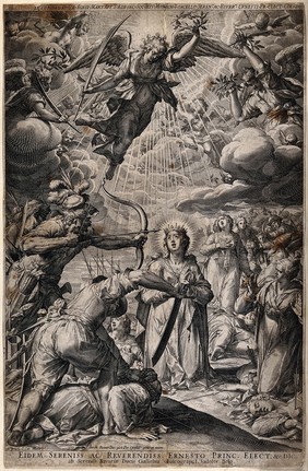 The martyrdom of Saint Ursula. Engraving by J. Sadeler after P. de Witte [P. Candid].