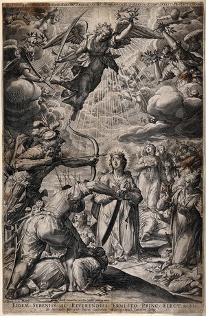 view The martyrdom of Saint Ursula. Engraving by J. Sadeler after P. de Witte [P. Candid].