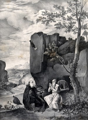 view Saint Antony Abbot with Saint Paul the Hermit. Lithograph by F. Blanchard after D.R. de Silva Velazquez.