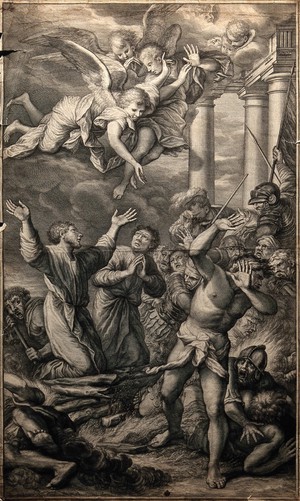 view Martyrdom of Saint Cosmas and Saint Damian. Engraving by P. Simon after S. Rosa.