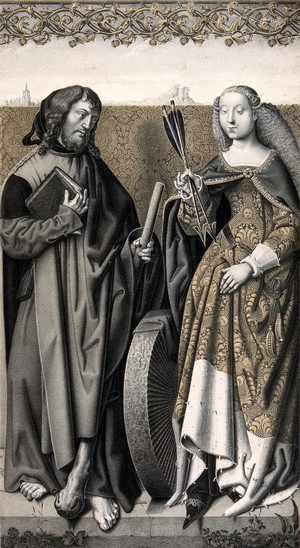 view Saint James the Less and Saint Christina. Colour lithograph by N.J. Strixner, 1829, after Lucas van Leyden.