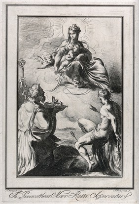 Saint Mary (the Blessed Virgin) with the Christ Child and angels, a bishop saint and Saint Sebastian. Soft-ground etching by F. Rosaspina after G.F.M. Mazzola, il Parmigianino.