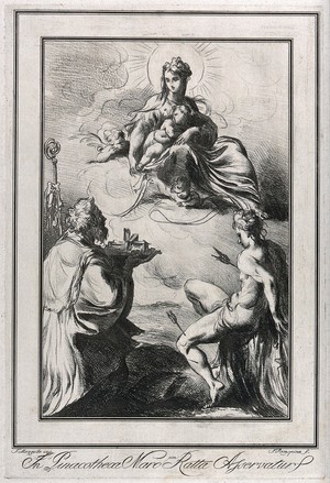 view Saint Mary (the Blessed Virgin) with the Christ Child and angels, a bishop saint and Saint Sebastian. Soft-ground etching by F. Rosaspina after G.F.M. Mazzola, il Parmigianino.