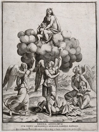 Saint Mary (the Blessed Virgin) with the Christ Child and Saint Gabriel the Archangel, Saint Michael the Archangel and Saint Raphael the Archangel. Engraving by Diana Ghisi (Scultori) after Giulio Romano.