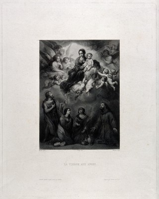 Saint Mary (the Blessed Virgin) with the Christ Child and Saint John the Baptist, Saint Rufina and Saint Justina with pieces of their pottery, and Saint Francis of Assisi. Engraving by J.D. Nargeot after Sandoz after B.E. Murillo.