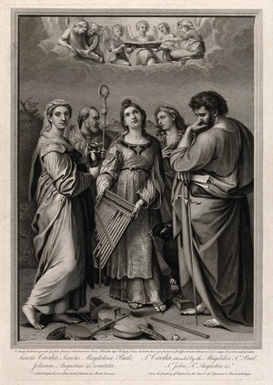 view Saint Mary Magdalen, Saint Augustine of Hippo, Saint Cecilia, Saint John the Evangelist, Saint Paul the Apostle and angels above. Engraving by R. Strange, 1771, after Raphael.