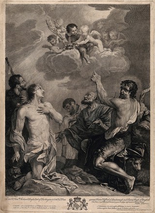 Saint Roch, Saint Sebastian, a male saint, Saint Peter the Apostle (?) and Saint John the Baptist with angels above. Engraving by J. Sympson, 1728, after F. Lauri.