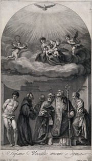 Saint Mary (the Blessed Virgin) with the Christ Child, Saint Sebastian, Saint Francis of Assisi, a Franciscan, Saint Peter the Apostle, Saint Augustine of Hippo and Saint Catherine of Alexandria. Engraving by Johann Gottfried Seuter after V. Lefebvre after Titian.