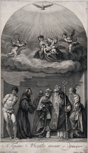 Saint Mary (the Blessed Virgin) with the Christ Child, Saint Sebastian, Saint Francis of Assisi, a Franciscan, Saint Peter the Apostle, Saint Augustine of Hippo and Saint Catherine of Alexandria. Engraving by Johann Gottfried Seuter after V. Lefebvre after Titian.