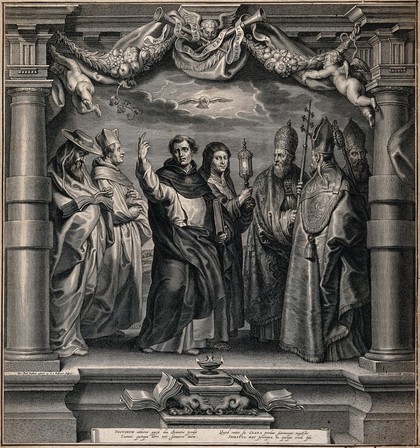 Saint Jerome, Saint Bernard of Clairvaux (?), Saint Dominic Guzman, Saint Clare, Saint Gregory the Great, Saint Ambrose and Saint Augustine of Hippo. Engraving by S.A. Bolswert after Sir P.P. Rubens.