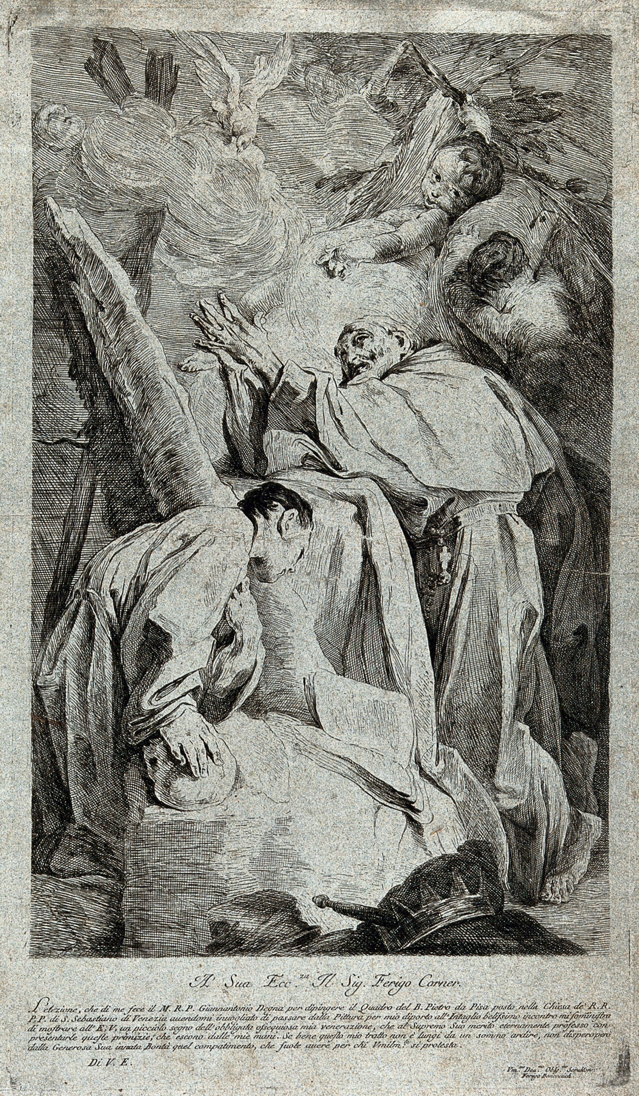 The blessed Pietro Gambacorta of Pisa with a monk, and angels above. Etching by F. Bencovitch., 1700-1799, by Federiko Benković