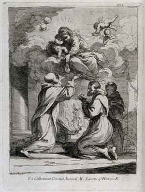 view Saint Mary (the Blessed Virgin) with the Christ Child appearing in clouds to three monks. Etching by F. Bartolozzi, 1764, after G.F. Barbieri, il Guercino.