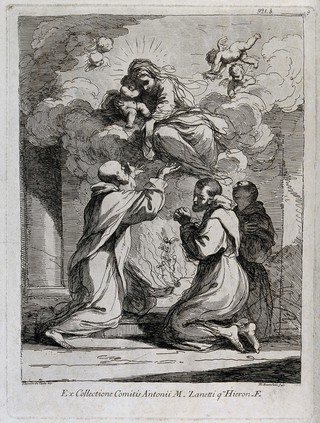 Saint Mary (the Blessed Virgin) with the Christ Child appearing in clouds to three monks. Etching by F. Bartolozzi, 1764, after G.F. Barbieri, il Guercino.