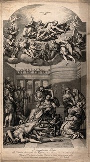 The martyrdom of Saint Agnes: she is stabbed, and an angel receives the martyr's palm from Christ for bestowal upon her. Engraving by G. Audran after D. Zampieri, il Domenichino.