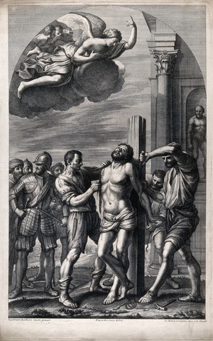 view The martyrdom of Saint Bartholomew. Engraving by G.A. Lorenzini after F. Petrucci after G.F. Barbieri, il Guercino.