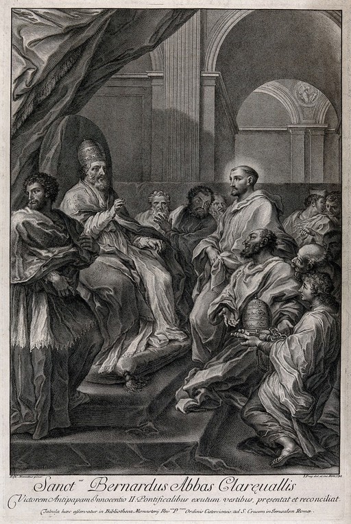 Saint Bernard of Clairvaux. Engraving by J. Frey, 1743, after C. Maratta.