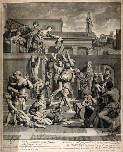 Saint Cecilia: she gives her possessions to the poor. Engraving by G.B. de Poilly after N. de Poilly after D. Zampieri, il Domenichino.