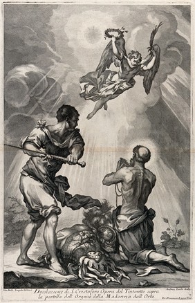 Saint Christopher: his martyrdom. Engraving by A. Zucchi after G.B. Tiepolo after J. Robusti, il Tintoretto.