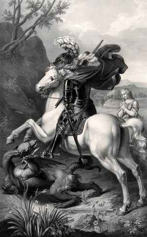 view Saint George killing the dragon. Lithograph by F.A. Hanfstaengl.