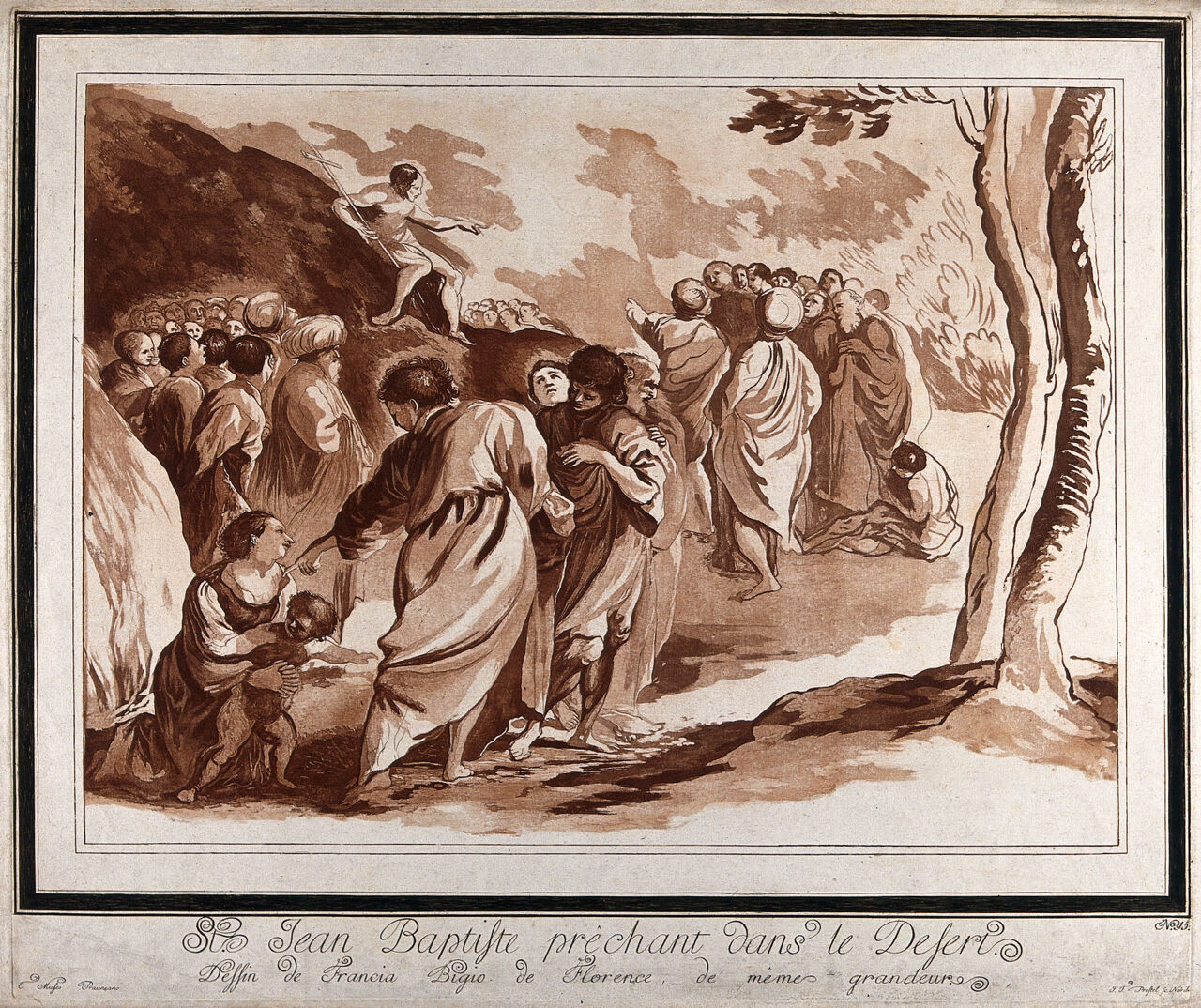 Saint John the Baptist preaching to the people. Colour etching by J.G. Prestel after Franciabigio., 1700-1799, by Franciabigio