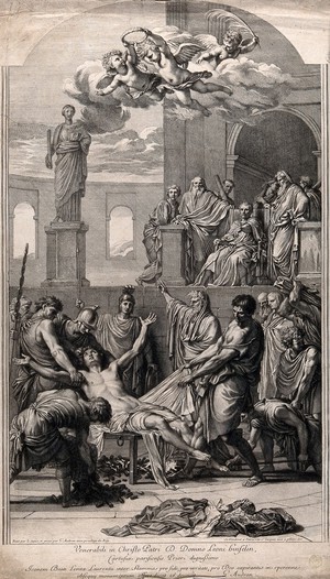 view Saint Laurence of Rome: his martyrdom. Engraving by G. Audran after E. Le Sueur.