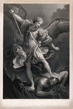 view Saint Michael the Archangel. Engraving by G. Folo after B. Nocchi after G. Reni.