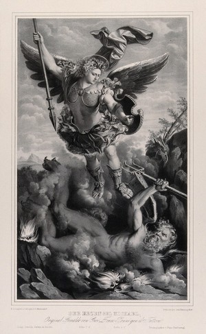 view Saint Michael the Archangel. Lithograph by G. Markendorf after G.F. Penni, il Fattore.