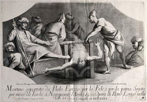 view Martyrdom of Paolo Erizzo. Line engraving by A. Zucchi after S. Manaigo after P. Longhi.