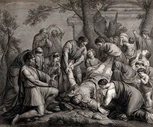 view Martyrdom of Saint Stephen. Engraving by F.G. Aliamet, 1773, after E. Le Sueur.