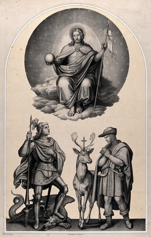 view Saint George and Saint Hubert of Tongres. Lithograph by J.G. Schreiner.