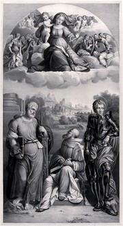 The Virgin and Child with Saint Peter, Saint Bruno and Saint George. Lithograph by F. Hanfstaengl after Benvenuto Tisi, il Garofalo.