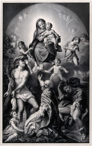 view The Virgin and Child with Saint Sebastian, Saint Roch and Saint Geminianus. Lithograph by F. Hanfstaengl, 1835, after A. Allegri, il Correggio.