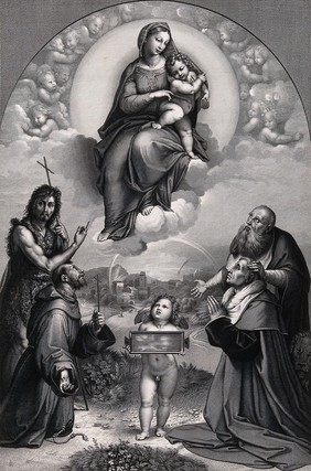 The Virgin and Child with Saint John the Baptist, Saint Francis of Assisi, Saint Jerome and a donor. Engraving by A.G.L. Desnoyers after Raphael.