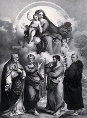 The Virgin and Child with Saint Geminianus of Modena, Saint Peter, Saint Paul and Saint Antony of Padua. Lithograph by F. Hanfstaengl after B. Ramenghi, il Bagnacavallo.