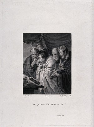 view Saint Mark, Saint Luke, Saint Matthew and Saint John the Evangelist. Etching by H. Guttenberg after J.C. Naigeon after J. Jordaens.