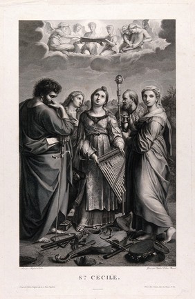 Saint Cecilia with Saint Paul, Saint John the Evangelist, Saint Augustine of Hippo and Saint Mary Magdalen. Engraving by R.U. Massard after Raphael.