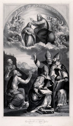 God blessing the Virgin with Saint Jerome, Saint Ambrose, Saint Bernardinus and Saint Gregory the Great. Lithograph by F. Hanfstaengl after D. Dossi.