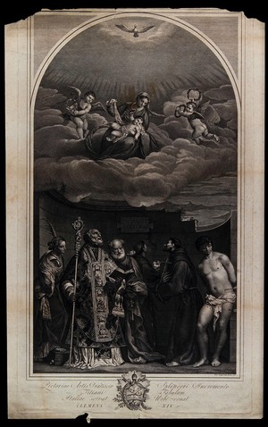 view The Virgin and Child with a female martyr saint, Saint Nicholas of Bari, Saint Peter, Saint Antony of Padua, Saint Francis of Assisi and Saint Sebastian. Engraving by D. Cunego, 1773, after Titian.