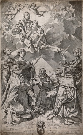 Saints protecting the city of Bologna intercede with the Virgin to save the city from the plague. Etching by F. Torre after G. Reni.
