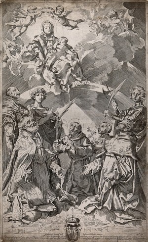 view Saints protecting the city of Bologna intercede with the Virgin to save the city from the plague. Etching by F. Torre after G. Reni.