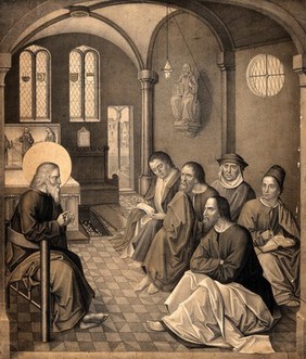 Saint John the Evangelist (?) addressing five disciples. Lithograph by N.J. Strixner after Israel van Meckenem (?).