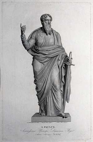 view Saint Paul the Apostle. Engraving by P. Folo after L. Camia after B. Thorwaldsen.