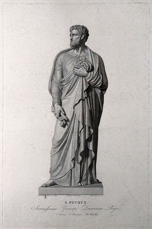 view Saint Peter the Apostle. Engraving by P. Folo after L. Camia after B. Thorwaldsen.