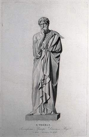 view Saint Thomas the Apostle. Engraving by P. Fontana after L. Camia after B. Thorwaldsen.