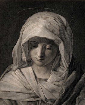 Saint Mary (the Blessed Virgin). Line engraving by P. Gleditsch after G.B. Salvi, il Sassoferrato.