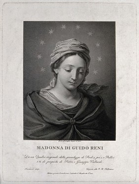Saint Mary (the Blessed Virgin). Line engraving by G. Garavaglia after G. Reni.