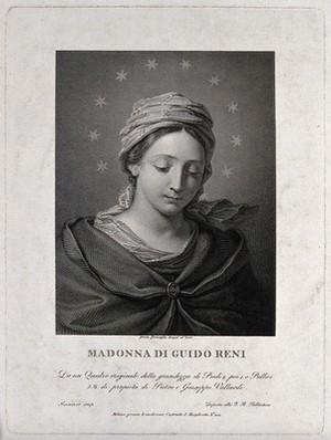 view Saint Mary (the Blessed Virgin). Line engraving by G. Garavaglia after G. Reni.